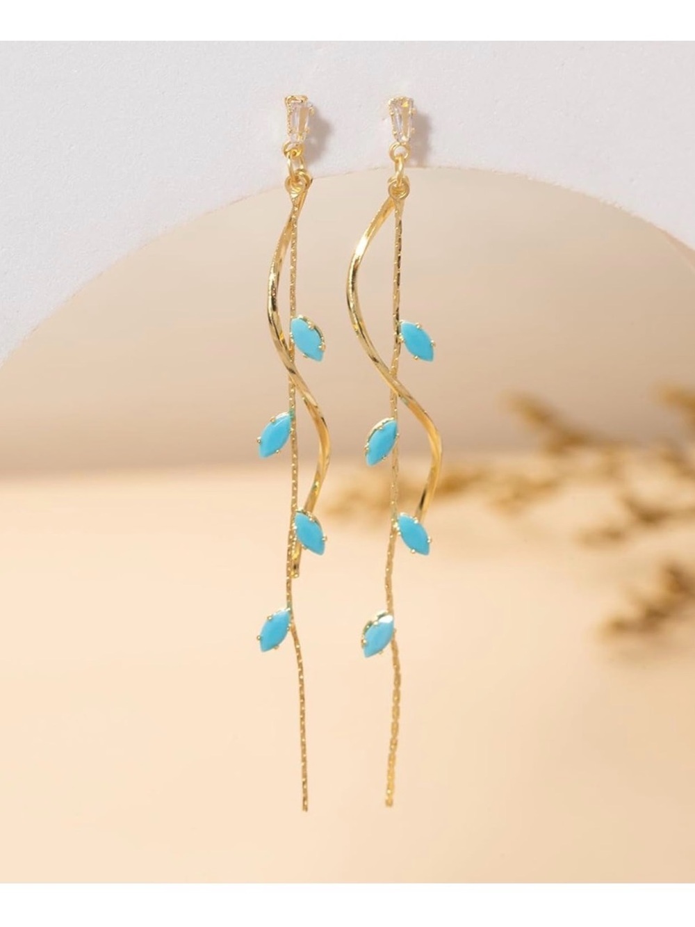 Elegant Gold Dangle Post Earrings with Rhinestone and Turquoise Accents